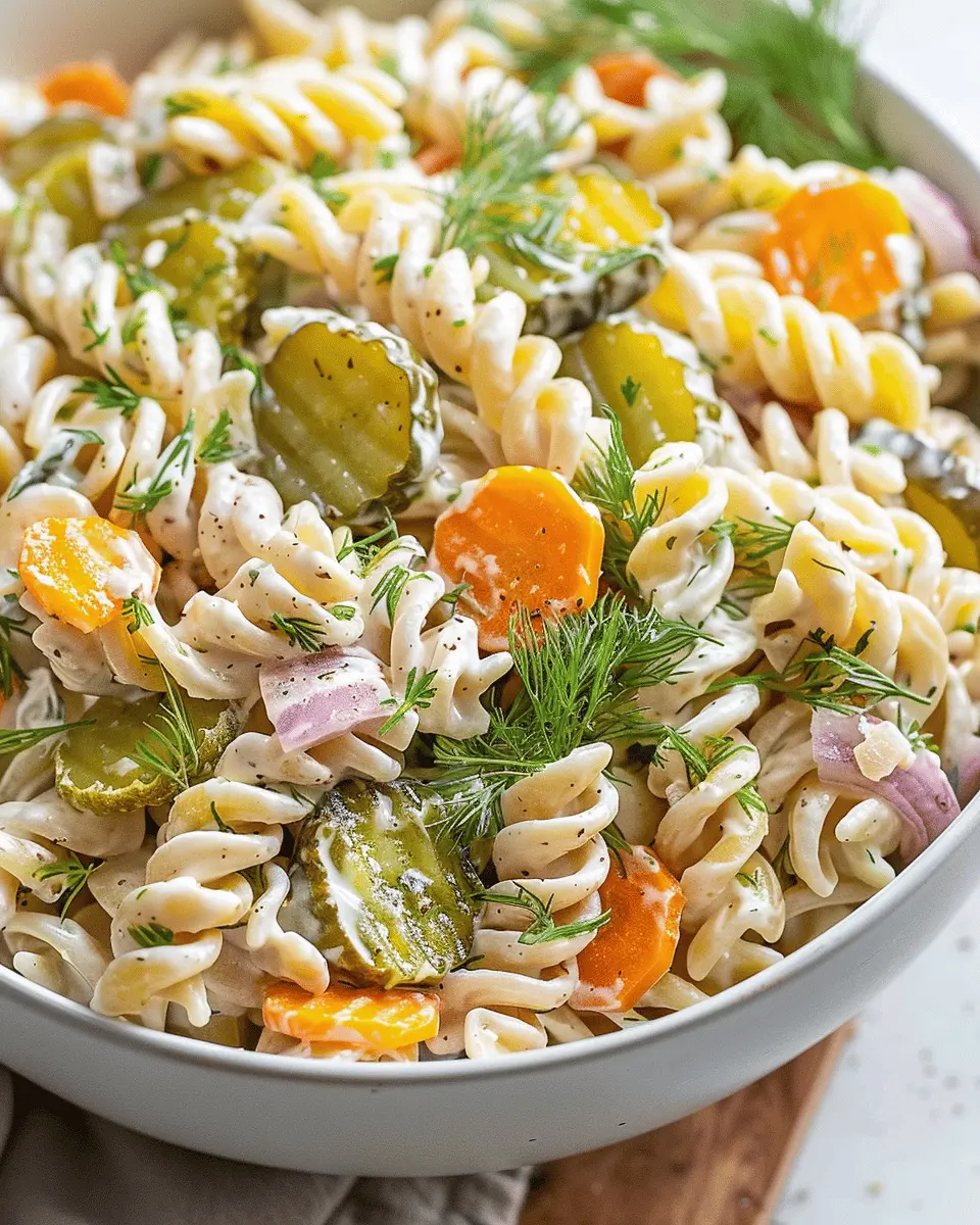 Simple Dill Pickle Pasta Salad with Turkey Bacon and Chicken Ham