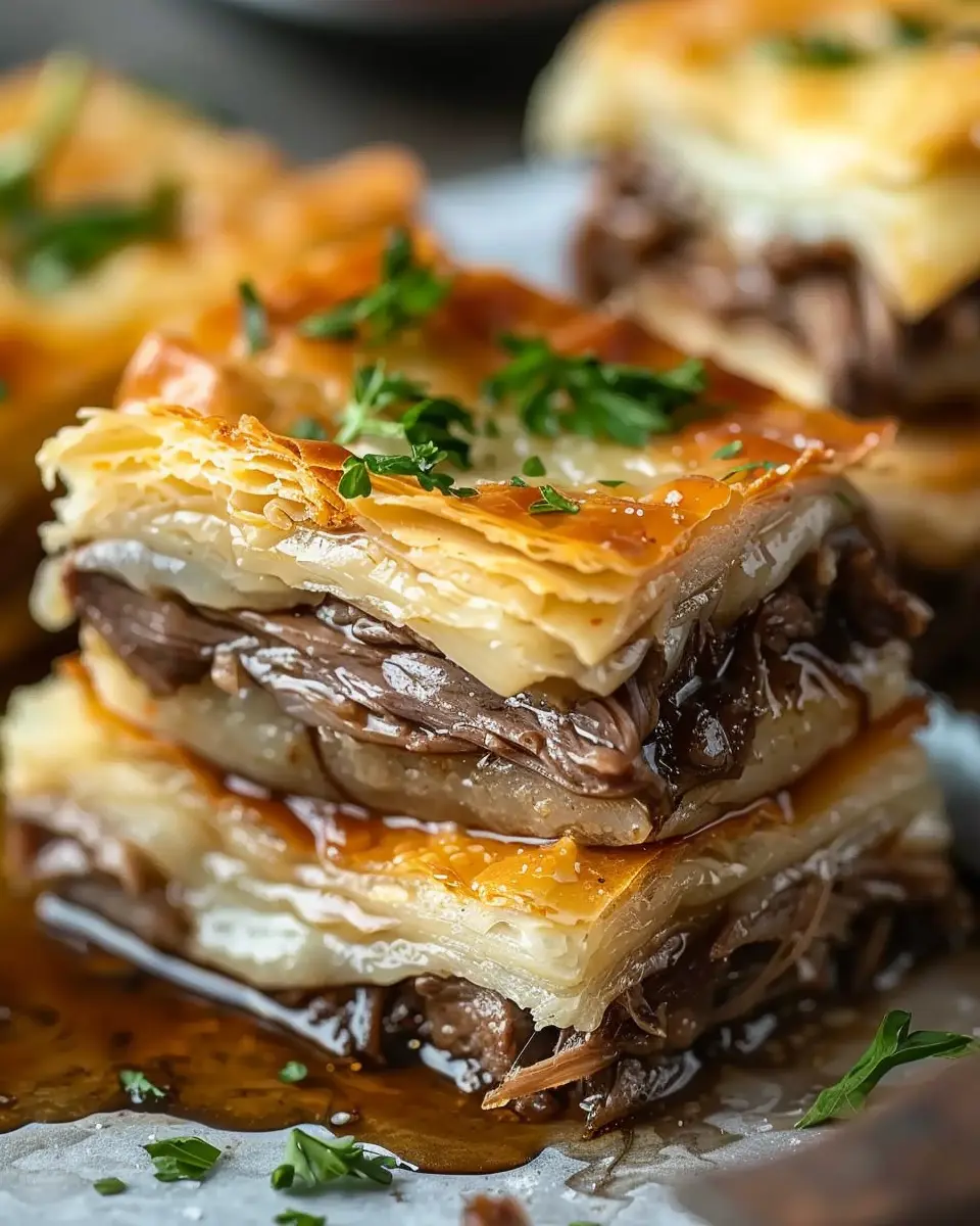 French Dip Squares with Turkey Bacon and Chicken Ham Delight