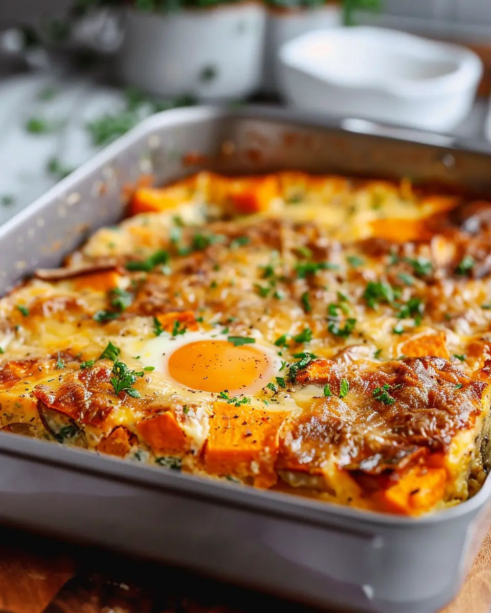 Easy Sweet Potato Egg Casserole with Turkey Bacon and Chicken Ham