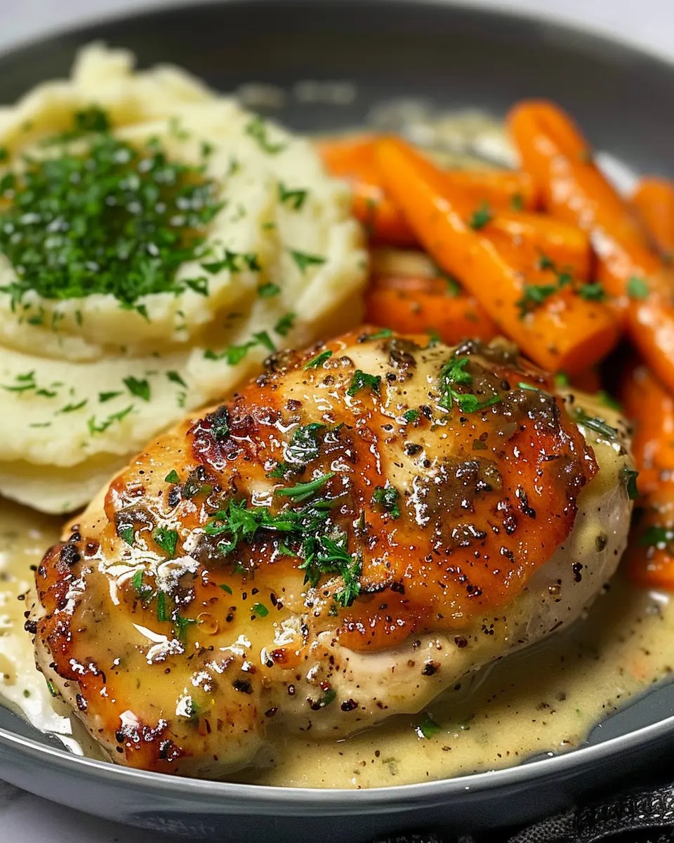Creamy Herb Chicken: Indulgent Comfort with Mashed Potatoes &amp; Glazed Carrots