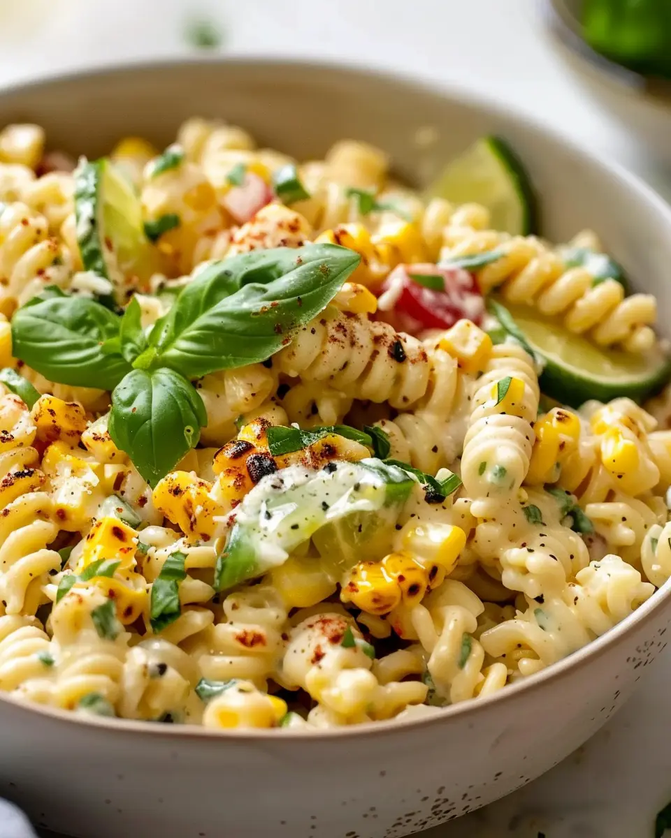 Creamy Street Corn Pasta Salad with Turkey Bacon and Chicken Ham