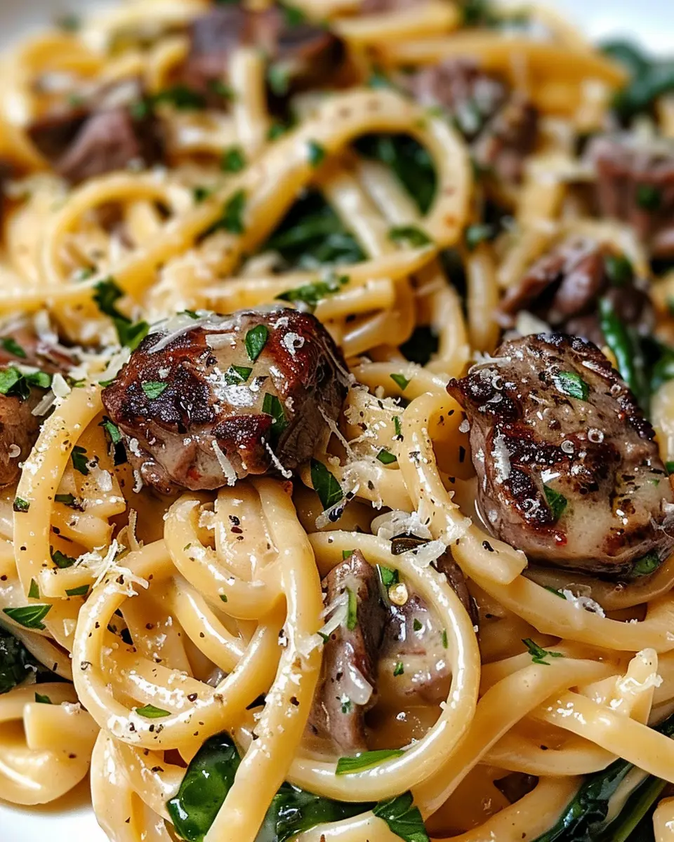 Creamy Cowboy Butter Linguine: Indulgent Steak Bites &amp; Spinach Recipe